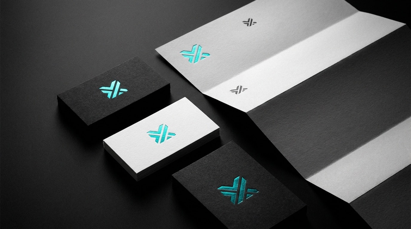 Brand-Identity-Flatlay mit Visitenkarten und Logo in Schwarz-Weiß mit Türkis-Akzent — Branding von CRƎAITIV studio