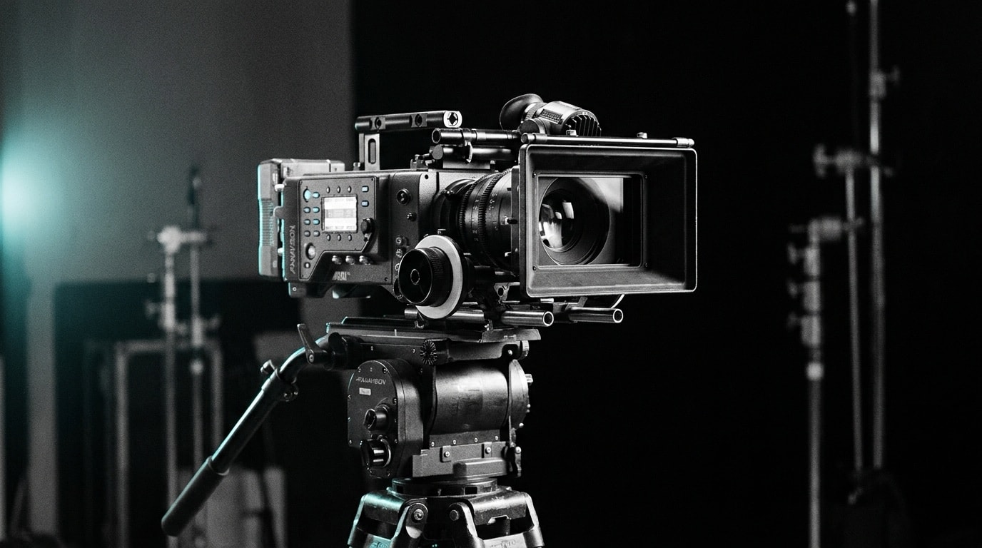Professionelle Filmkamera in Schwarz-Weiß mit türkisem Lichtakzent — Film & Animation von CRƎAITIV studio
