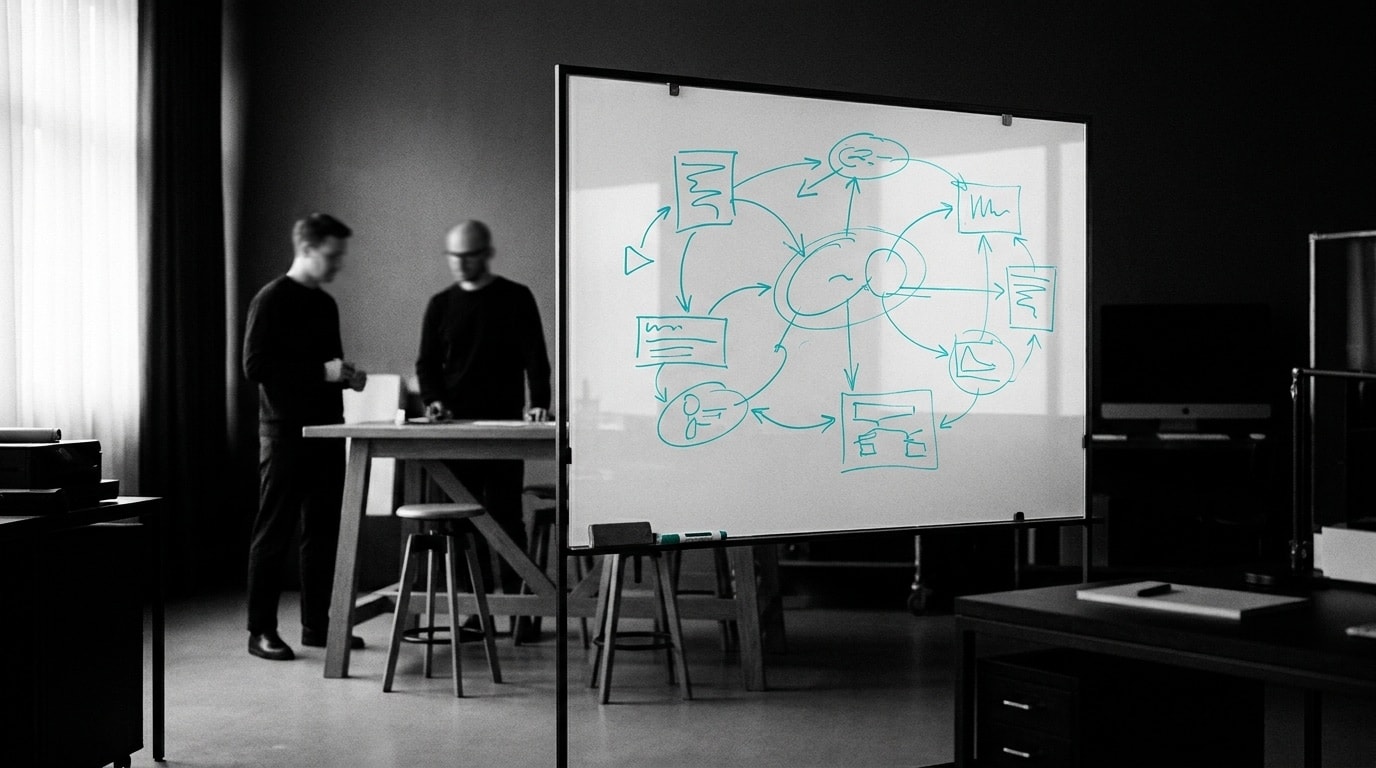 Whiteboard mit türkisen KI-Strategie-Diagrammen in Schwarz-Weiß — Creative-AI-Beratung von CRƎAITIV studio