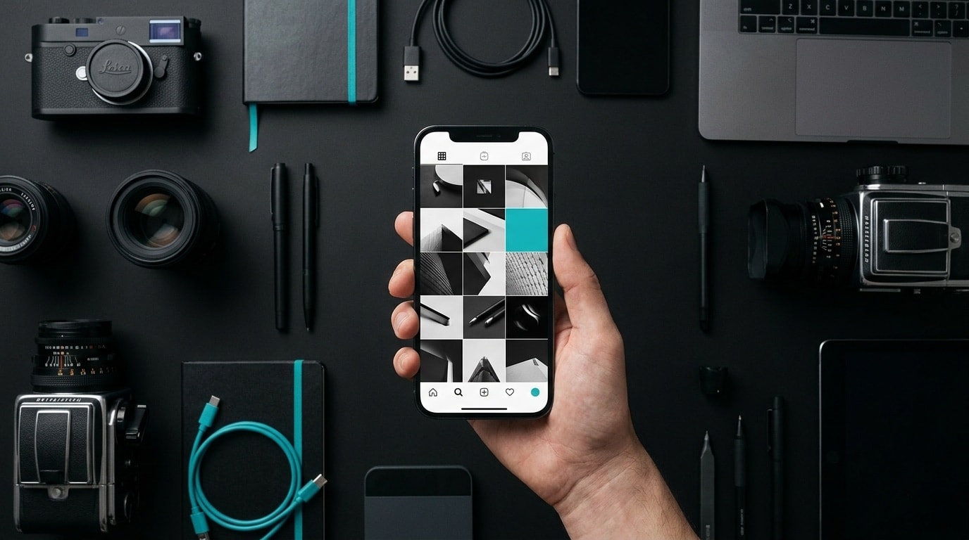 Smartphone mit Social-Media-Feed in Schwarz-Weiß mit Türkis-Akzent — Social Media & Content von CRƎAITIV studio