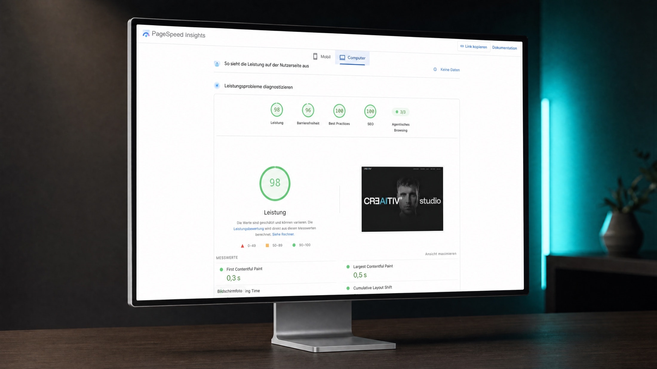 Google PageSpeed Insights Report auf einem Apple Studio Display: Leistung 98, Barrierefreiheit 96, Best Practices 100, SEO 100 — creaitiv.at von CRƎAITIV studio